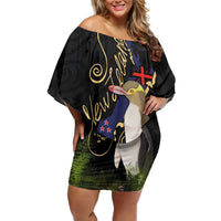 New Zealand Hoiho Off Shoulder Short Dress Maori Art Tattoo and Silver Fern LT03 Women Black - Polynesian Pride