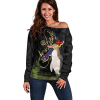 New Zealand Hoiho Off Shoulder Sweater Maori Art Tattoo and Silver Fern LT03 Women Black - Polynesian Pride