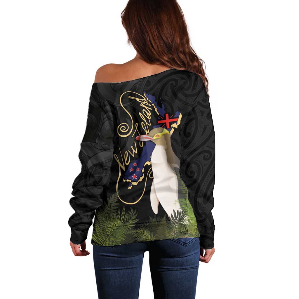 New Zealand Hoiho Off Shoulder Sweater Maori Art Tattoo and Silver Fern LT03 - Polynesian Pride
