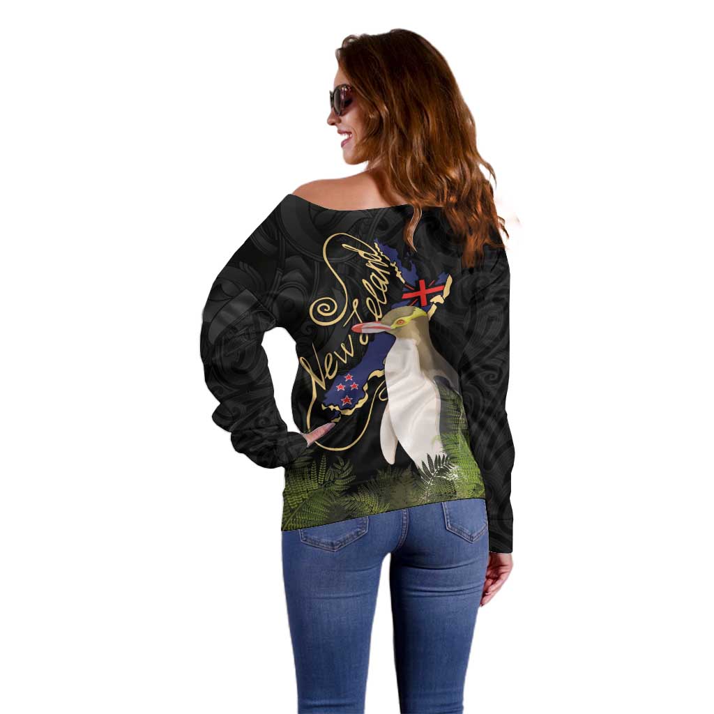 New Zealand Hoiho Off Shoulder Sweater Maori Art Tattoo and Silver Fern LT03 - Polynesian Pride
