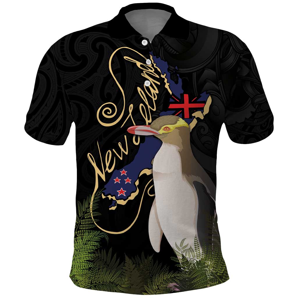 New Zealand Hoiho Polo Shirt Maori Art Tattoo and Silver Fern LT03 Black - Polynesian Pride