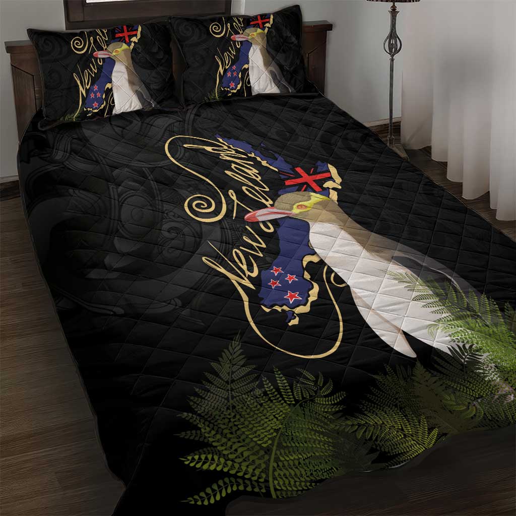 New Zealand Hoiho Quilt Bed Set Maori Art Tattoo and Silver Fern LT03 Black - Polynesian Pride