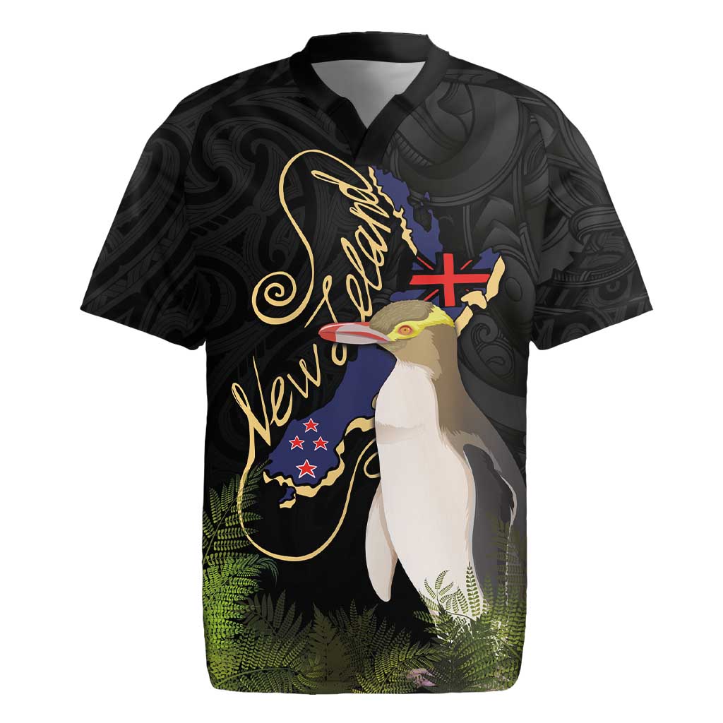 New Zealand Hoiho Rugby Jersey Maori Art Tattoo and Silver Fern LT03 Black - Polynesian Pride