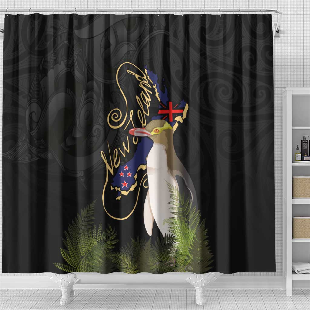 New Zealand Hoiho Shower Curtain Maori Art Tattoo and Silver Fern LT03 - Polynesian Pride