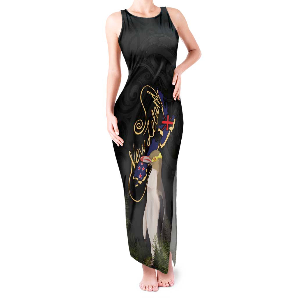 New Zealand Hoiho Tank Maxi Dress Maori Art Tattoo and Silver Fern LT03 Women Black - Polynesian Pride