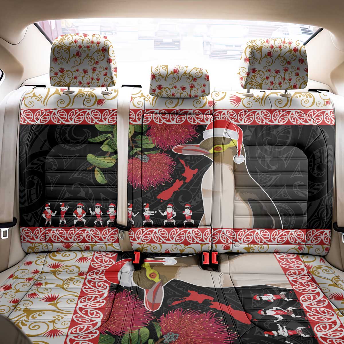 New Zealand Merry Christmas Back Car Seat Cover Hoiho Xmas - Haka Dance and Pohutukawa LT03 - Polynesian Pride