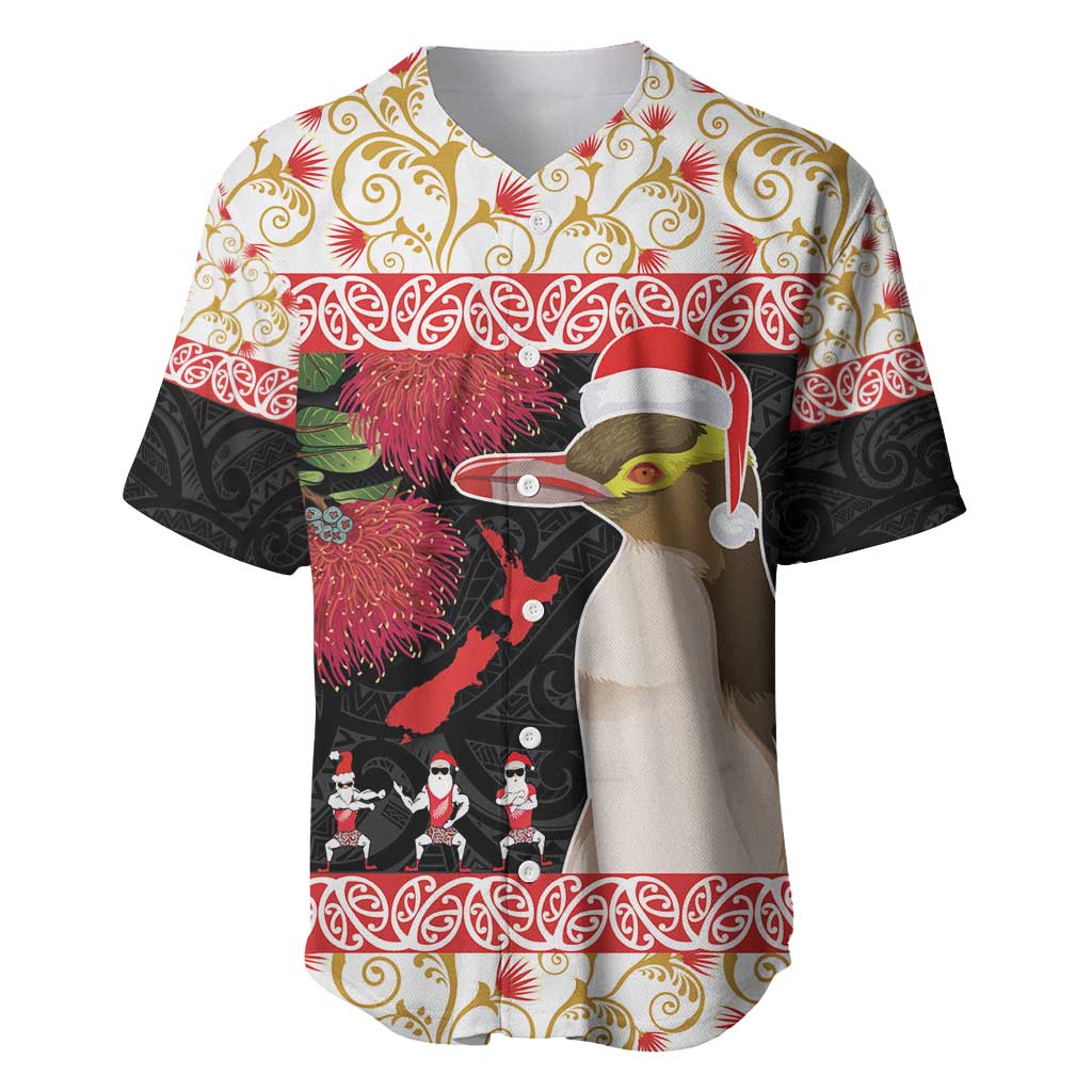 New Zealand Merry Christmas Baseball Jersey Hoiho Xmas - Haka Dance and Pohutukawa LT03 White - Polynesian Pride