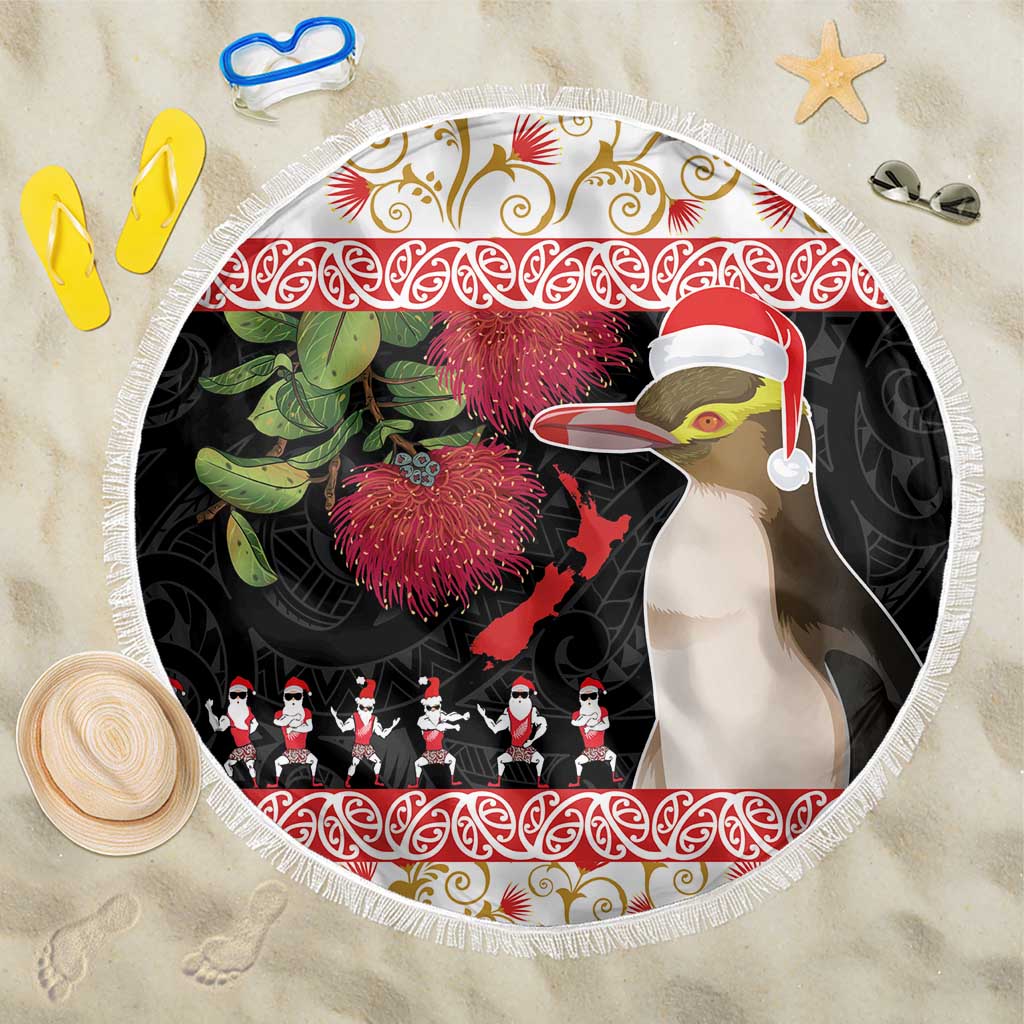 New Zealand Merry Christmas Beach Blanket Hoiho Xmas - Haka Dance and Pohutukawa LT03 One Size 150cm White - Polynesian Pride