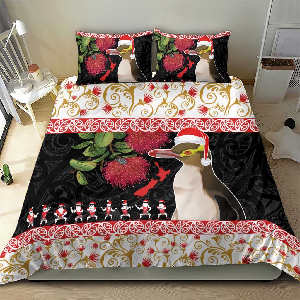 New Zealand Merry Christmas Bedding Set Hoiho Xmas - Haka Dance and Pohutukawa LT03 - Polynesian Pride