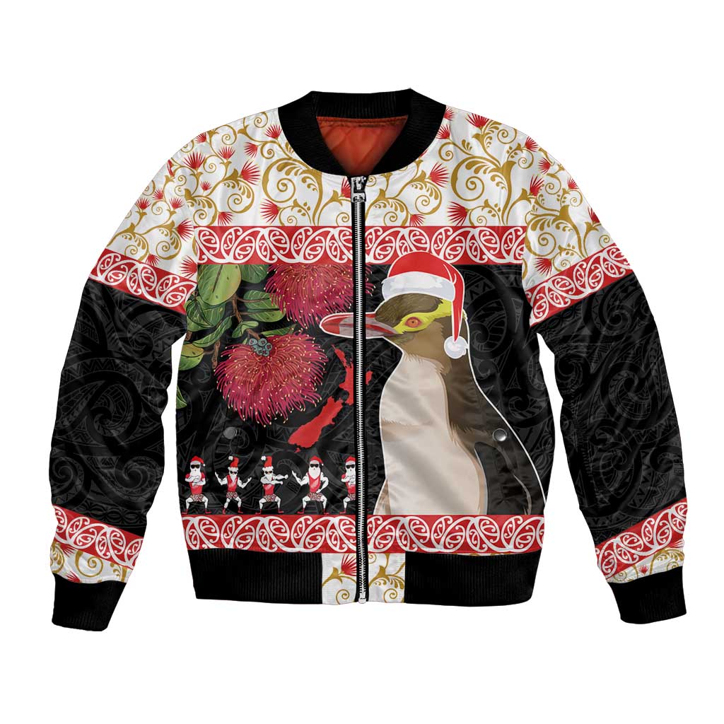 New Zealand Merry Christmas Bomber Jacket Hoiho Xmas - Haka Dance and Pohutukawa LT03 Unisex White - Polynesian Pride