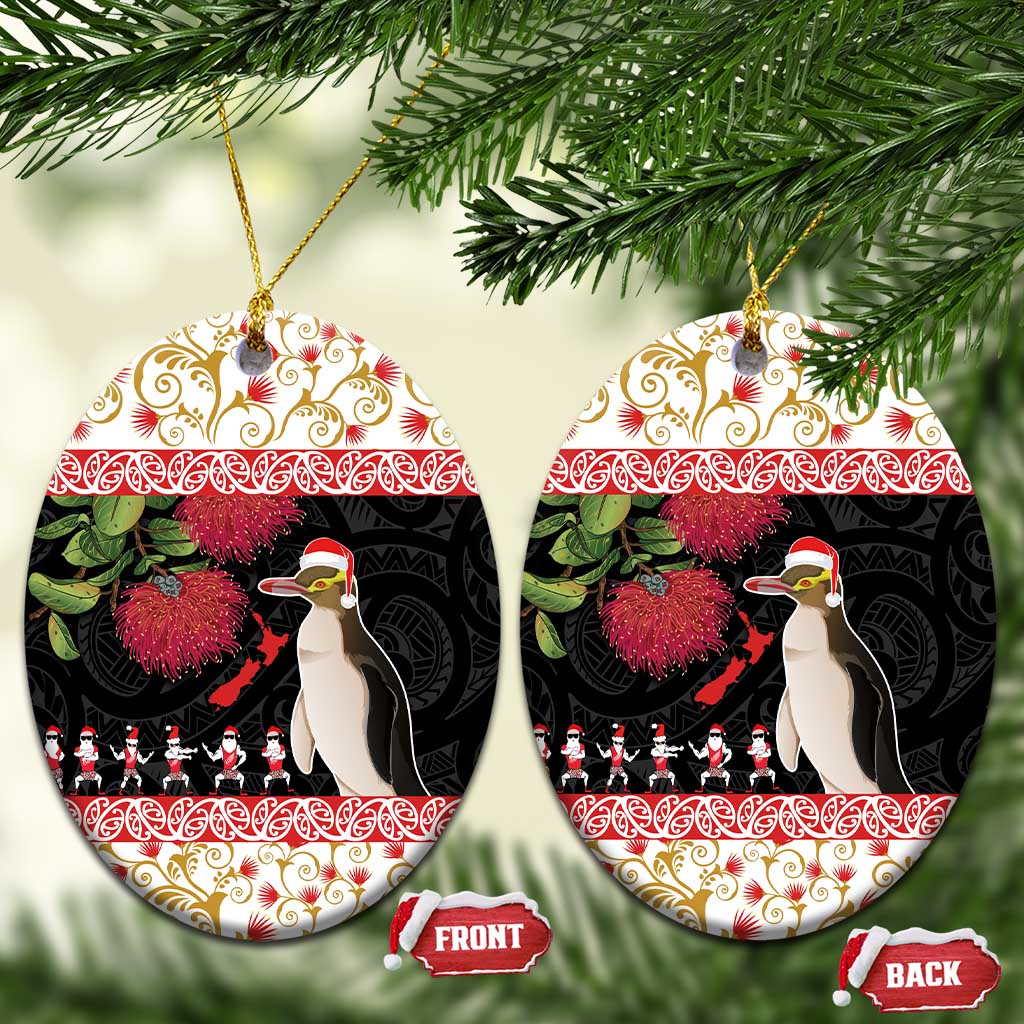 New Zealand Merry Christmas Ceramic Ornament Hoiho Xmas - Haka Dance and Pohutukawa LT03 Oval White - Polynesian Pride