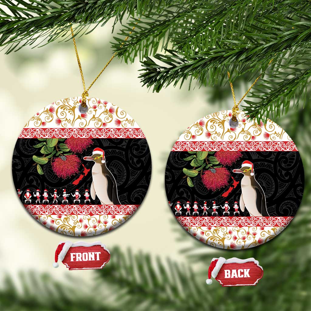 New Zealand Merry Christmas Ceramic Ornament Hoiho Xmas - Haka Dance and Pohutukawa LT03 Circle White - Polynesian Pride