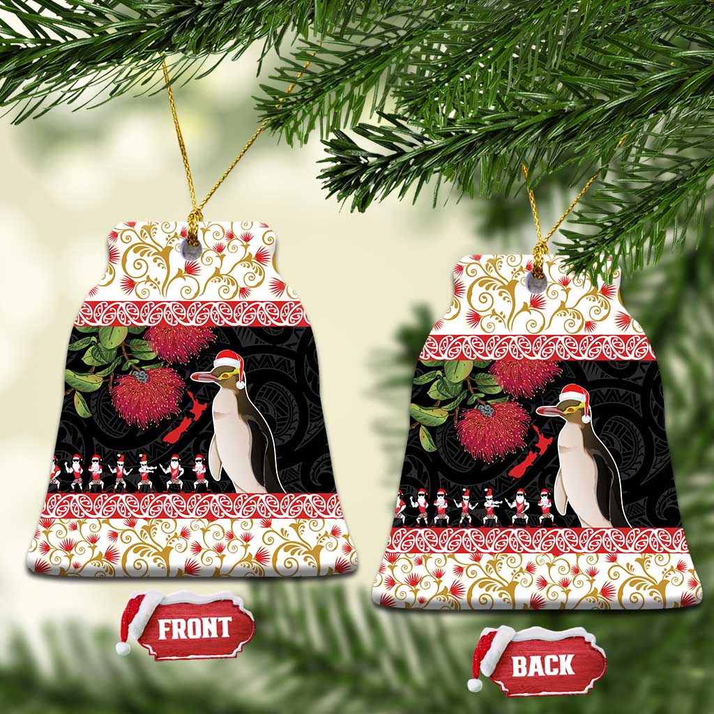 New Zealand Merry Christmas Ceramic Ornament Hoiho Xmas - Haka Dance and Pohutukawa LT03 Bell Flake White - Polynesian Pride