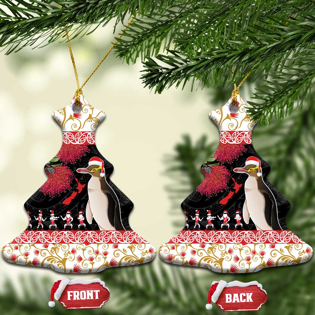 New Zealand Merry Christmas Ceramic Ornament Hoiho Xmas - Haka Dance and Pohutukawa LT03 Christmas Tree White - Polynesian Pride
