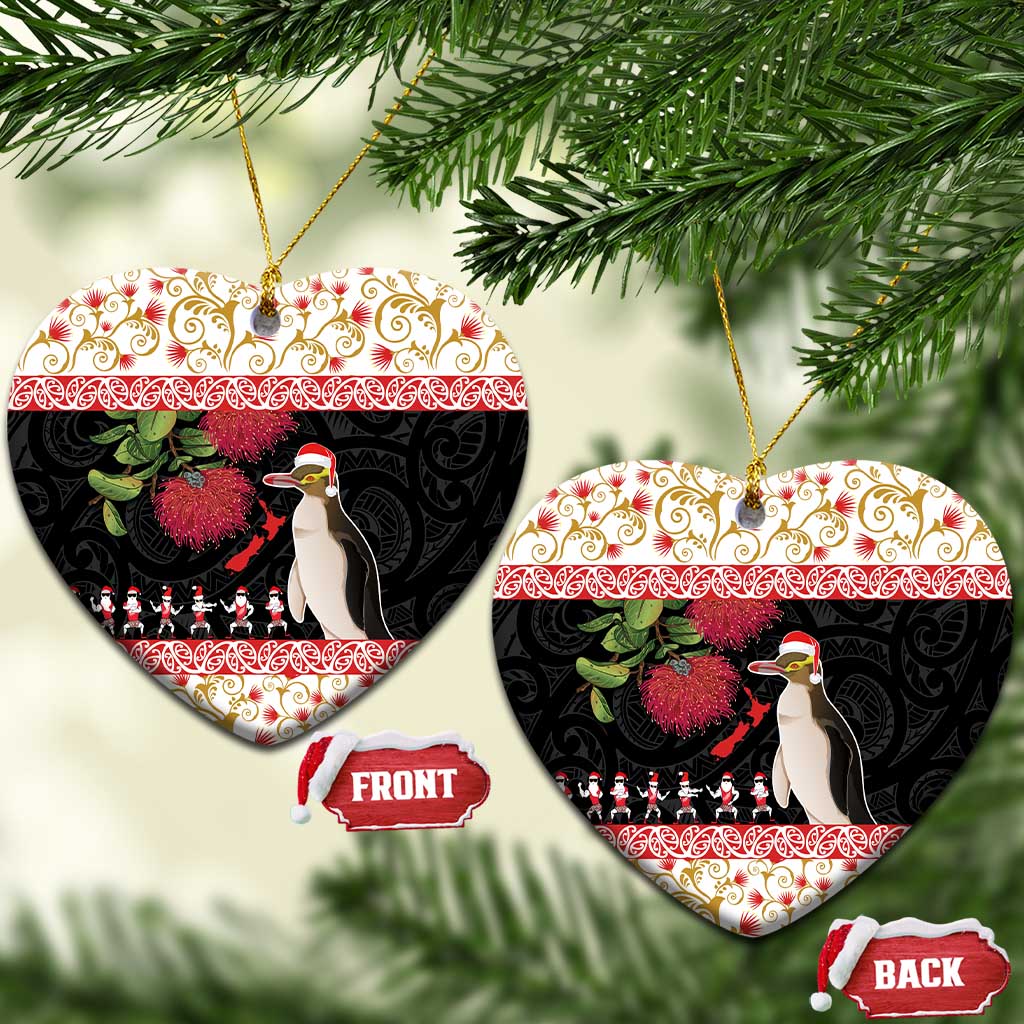 New Zealand Merry Christmas Ceramic Ornament Hoiho Xmas - Haka Dance and Pohutukawa LT03 Heart White - Polynesian Pride