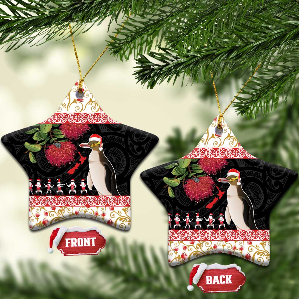 New Zealand Merry Christmas Ceramic Ornament Hoiho Xmas - Haka Dance and Pohutukawa LT03 Star White - Polynesian Pride