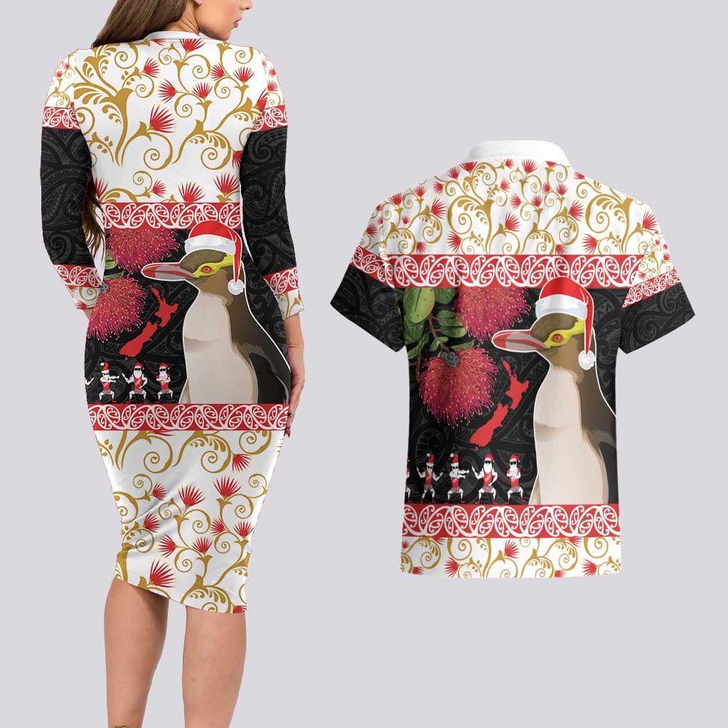 New Zealand Merry Christmas Couples Matching Long Sleeve Bodycon Dress and Hawaiian Shirt Hoiho Xmas - Haka Dance and Pohutukawa LT03 - Polynesian Pride