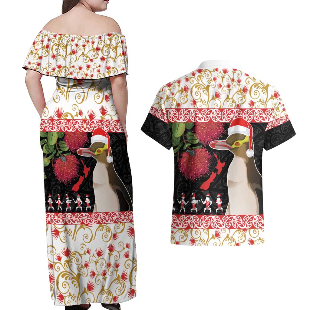New Zealand Merry Christmas Couples Matching Off Shoulder Maxi Dress and Hawaiian Shirt Hoiho Xmas - Haka Dance and Pohutukawa LT03 - Polynesian Pride