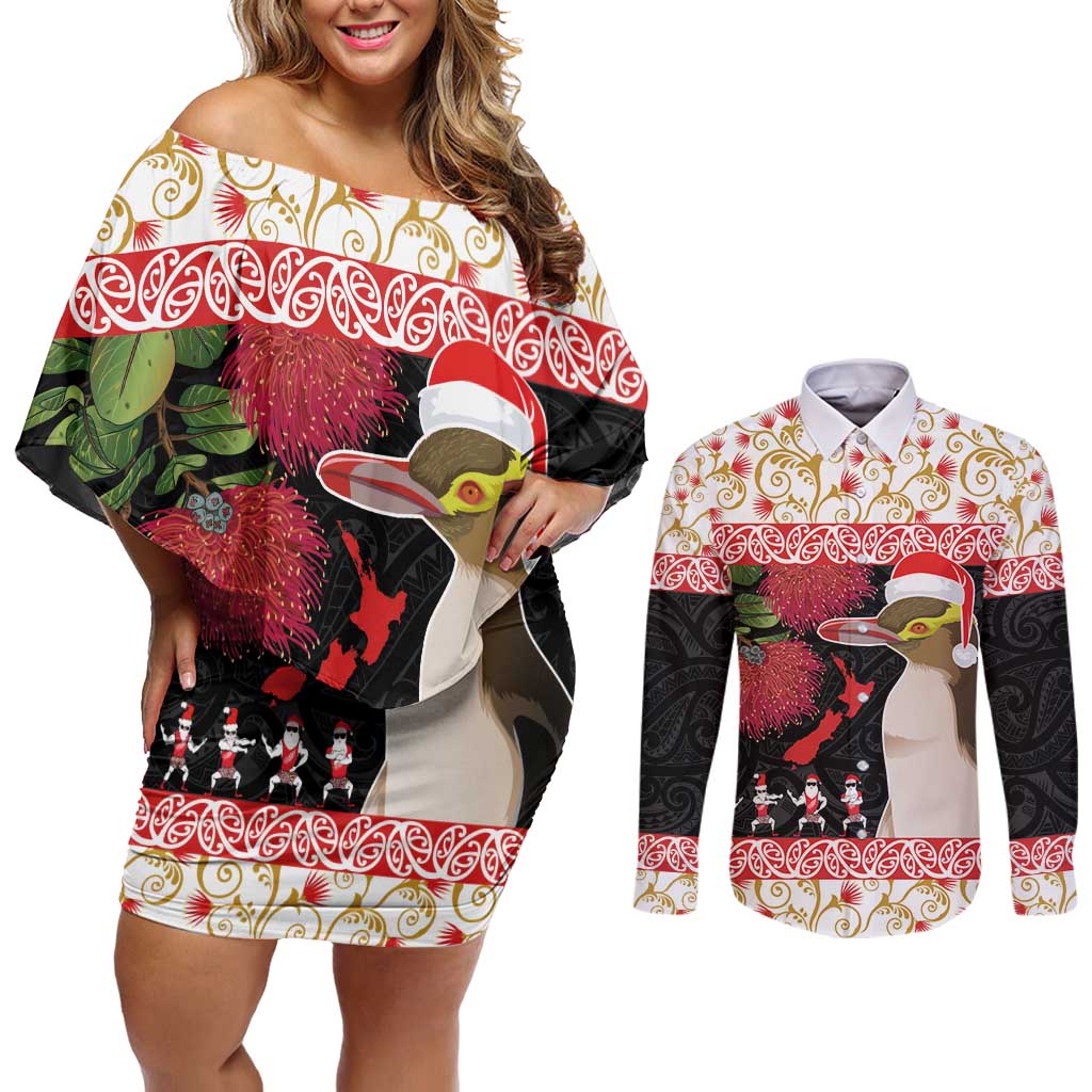New Zealand Merry Christmas Couples Matching Off Shoulder Short Dress and Long Sleeve Button Shirt Hoiho Xmas - Haka Dance and Pohutukawa LT03 White - Polynesian Pride