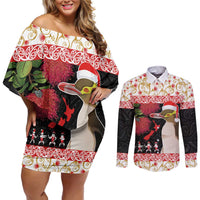 New Zealand Merry Christmas Couples Matching Off Shoulder Short Dress and Long Sleeve Button Shirt Hoiho Xmas - Haka Dance and Pohutukawa LT03 White - Polynesian Pride