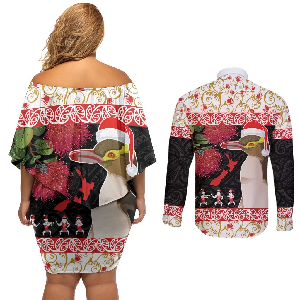 New Zealand Merry Christmas Couples Matching Off Shoulder Short Dress and Long Sleeve Button Shirt Hoiho Xmas - Haka Dance and Pohutukawa LT03 - Polynesian Pride