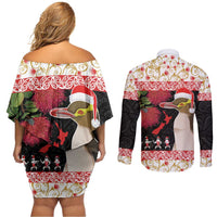 New Zealand Merry Christmas Couples Matching Off Shoulder Short Dress and Long Sleeve Button Shirt Hoiho Xmas - Haka Dance and Pohutukawa LT03 - Polynesian Pride