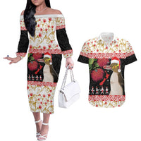 New Zealand Merry Christmas Couples Matching Off The Shoulder Long Sleeve Dress and Hawaiian Shirt Hoiho Xmas - Haka Dance and Pohutukawa LT03 White - Polynesian Pride