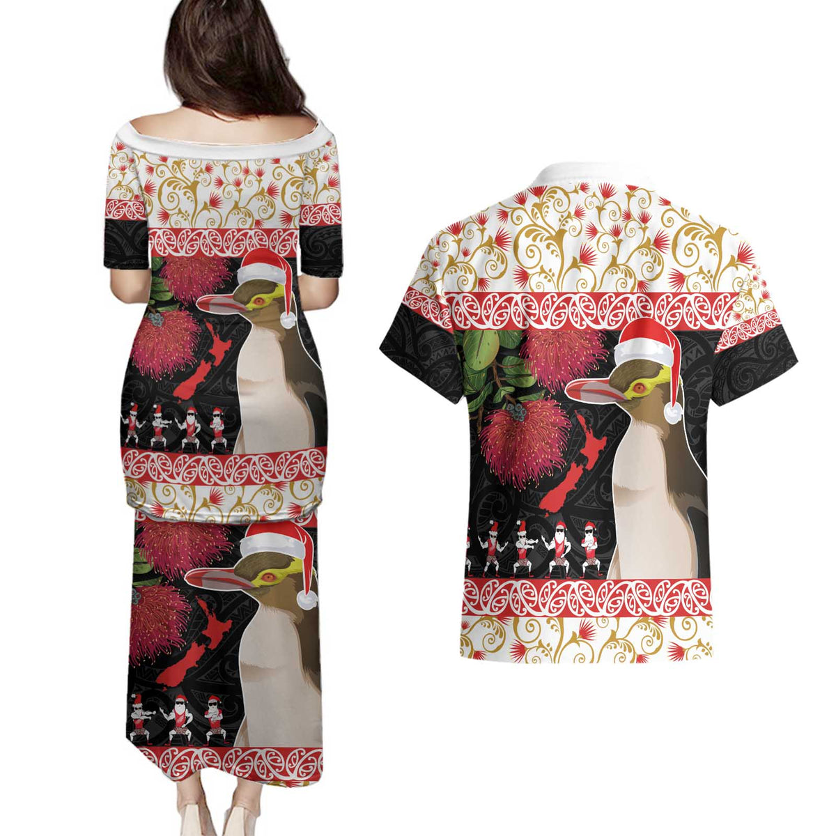 New Zealand Merry Christmas Couples Matching Puletasi and Hawaiian Shirt Hoiho Xmas - Haka Dance and Pohutukawa LT03 - Polynesian Pride