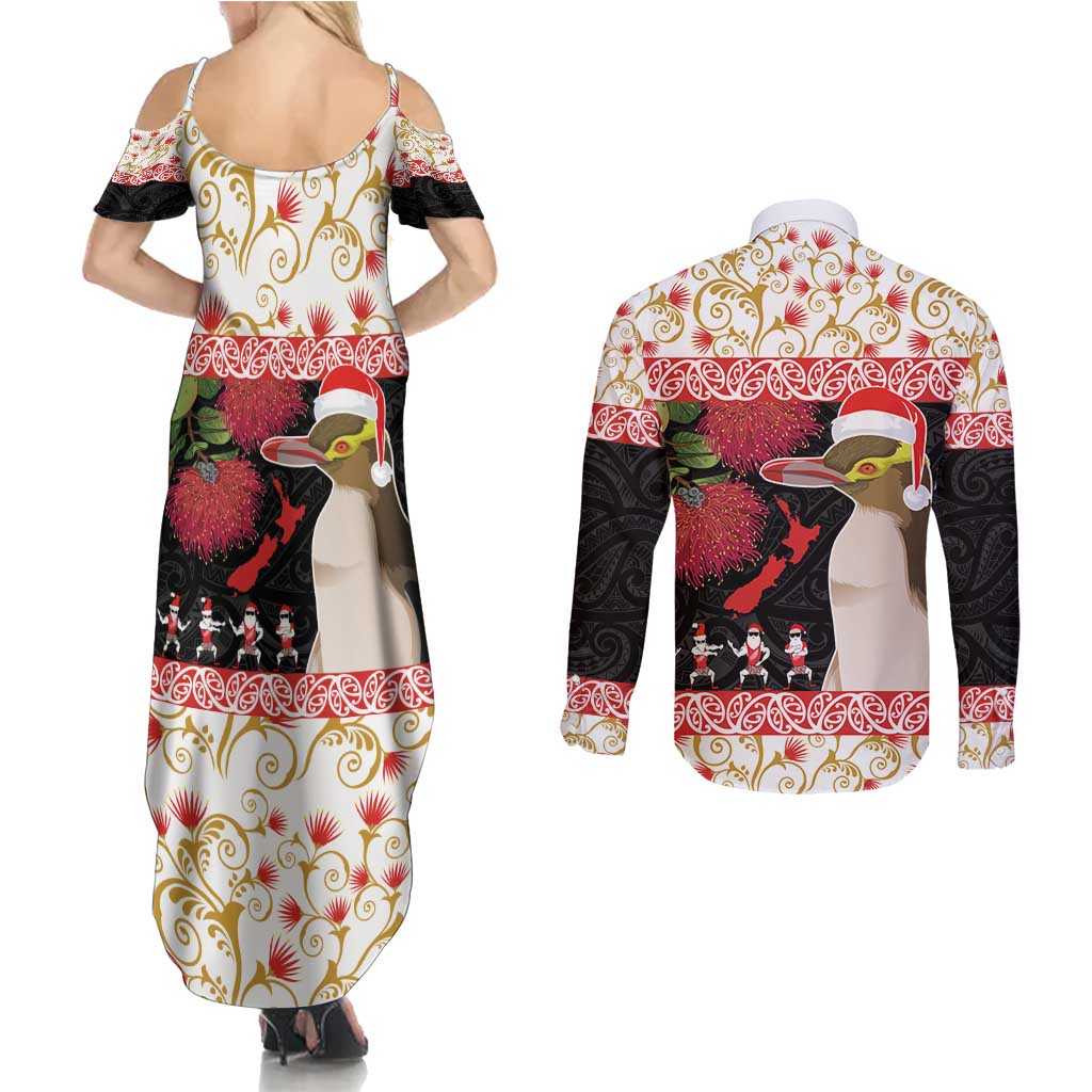 New Zealand Merry Christmas Couples Matching Summer Maxi Dress and Long Sleeve Button Shirt Hoiho Xmas - Haka Dance and Pohutukawa LT03 - Polynesian Pride