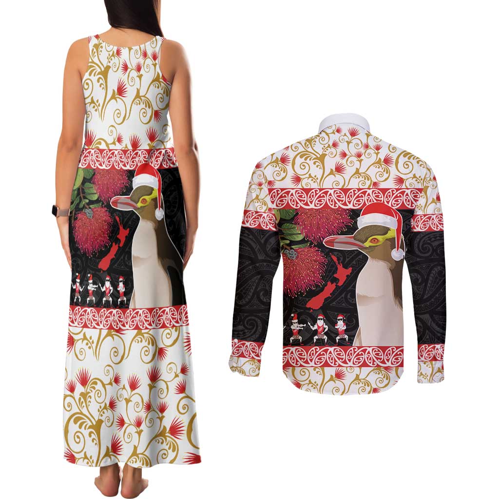 New Zealand Merry Christmas Couples Matching Tank Maxi Dress and Long Sleeve Button Shirt Hoiho Xmas - Haka Dance and Pohutukawa LT03 - Polynesian Pride