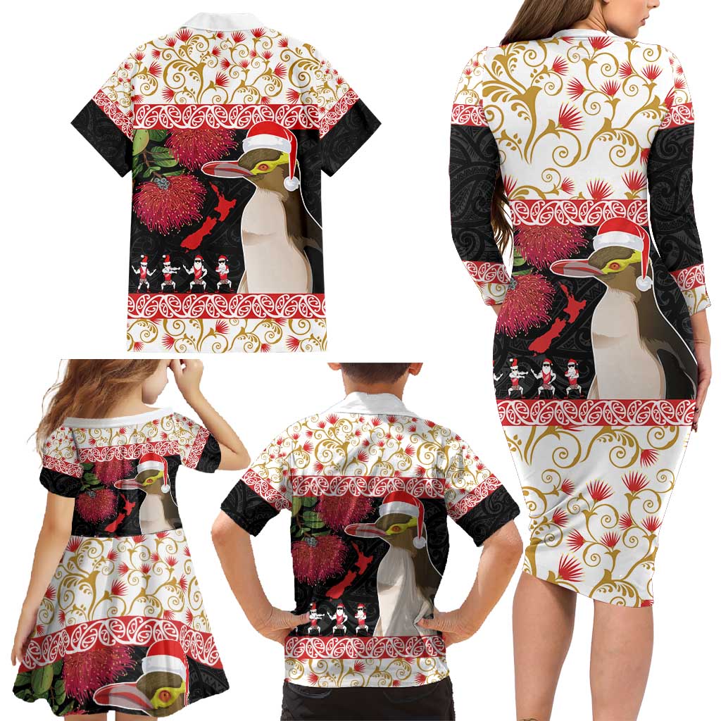 New Zealand Merry Christmas Family Matching Long Sleeve Bodycon Dress and Hawaiian Shirt Hoiho Xmas - Haka Dance and Pohutukawa LT03 - Polynesian Pride