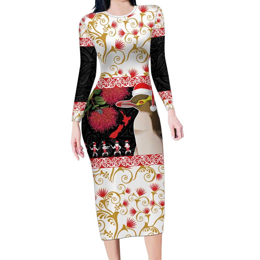 New Zealand Merry Christmas Family Matching Long Sleeve Bodycon Dress and Hawaiian Shirt Hoiho Xmas - Haka Dance and Pohutukawa LT03 Mom's Dress White - Polynesian Pride