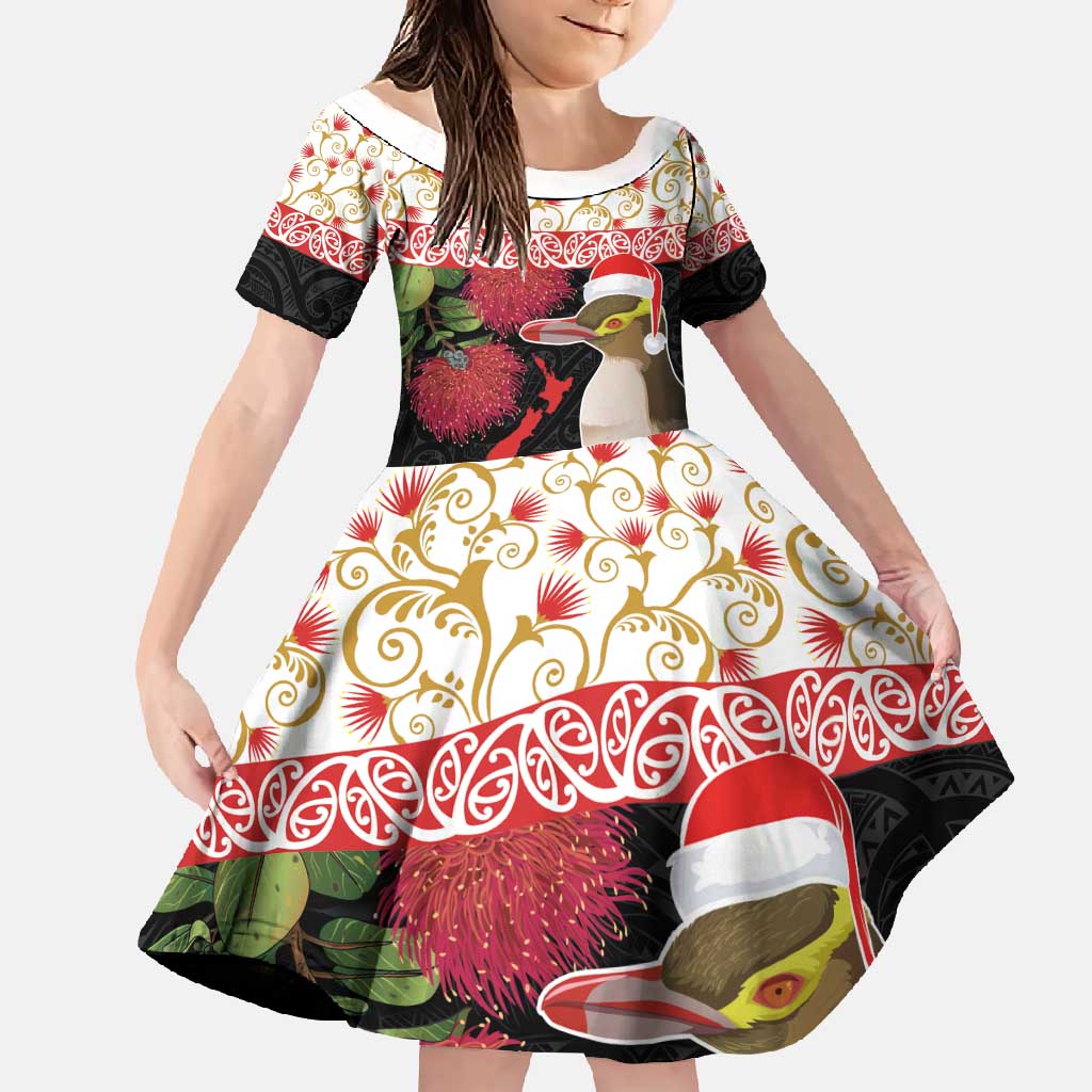 New Zealand Merry Christmas Family Matching Mermaid Dress and Hawaiian Shirt Hoiho Xmas - Haka Dance and Pohutukawa LT03 Daughter's Dress White - Polynesian Pride