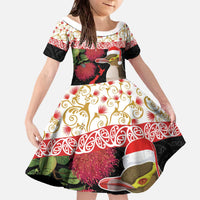 New Zealand Merry Christmas Family Matching Off The Shoulder Long Sleeve Dress and Hawaiian Shirt Hoiho Xmas - Haka Dance and Pohutukawa LT03 Daughter's Dress White - Polynesian Pride
