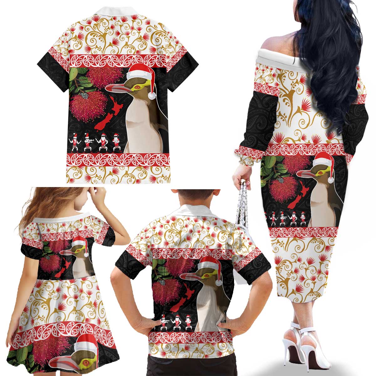 New Zealand Merry Christmas Family Matching Off The Shoulder Long Sleeve Dress and Hawaiian Shirt Hoiho Xmas - Haka Dance and Pohutukawa LT03 - Polynesian Pride