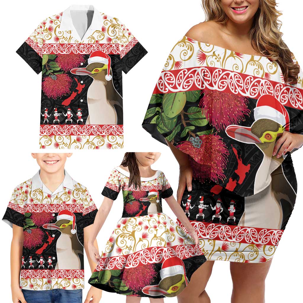 New Zealand Merry Christmas Family Matching Off Shoulder Short Dress and Hawaiian Shirt Hoiho Xmas - Haka Dance and Pohutukawa LT03 - Polynesian Pride