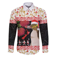 New Zealand Merry Christmas Family Matching Puletasi and Hawaiian Shirt Hoiho Xmas - Haka Dance and Pohutukawa LT03 Dad's Shirt - Long Sleeve White - Polynesian Pride
