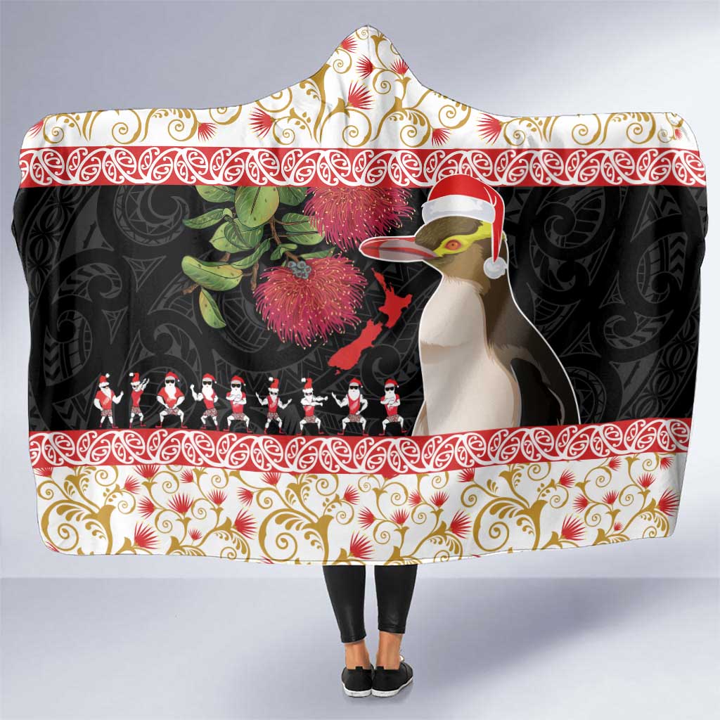 New Zealand Merry Christmas Hooded Blanket Hoiho Xmas - Haka Dance and Pohutukawa LT03 One Size White - Polynesian Pride