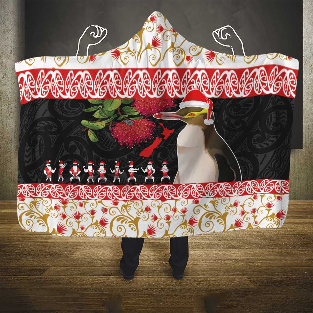 New Zealand Merry Christmas Hooded Blanket Hoiho Xmas - Haka Dance and Pohutukawa LT03 - Polynesian Pride
