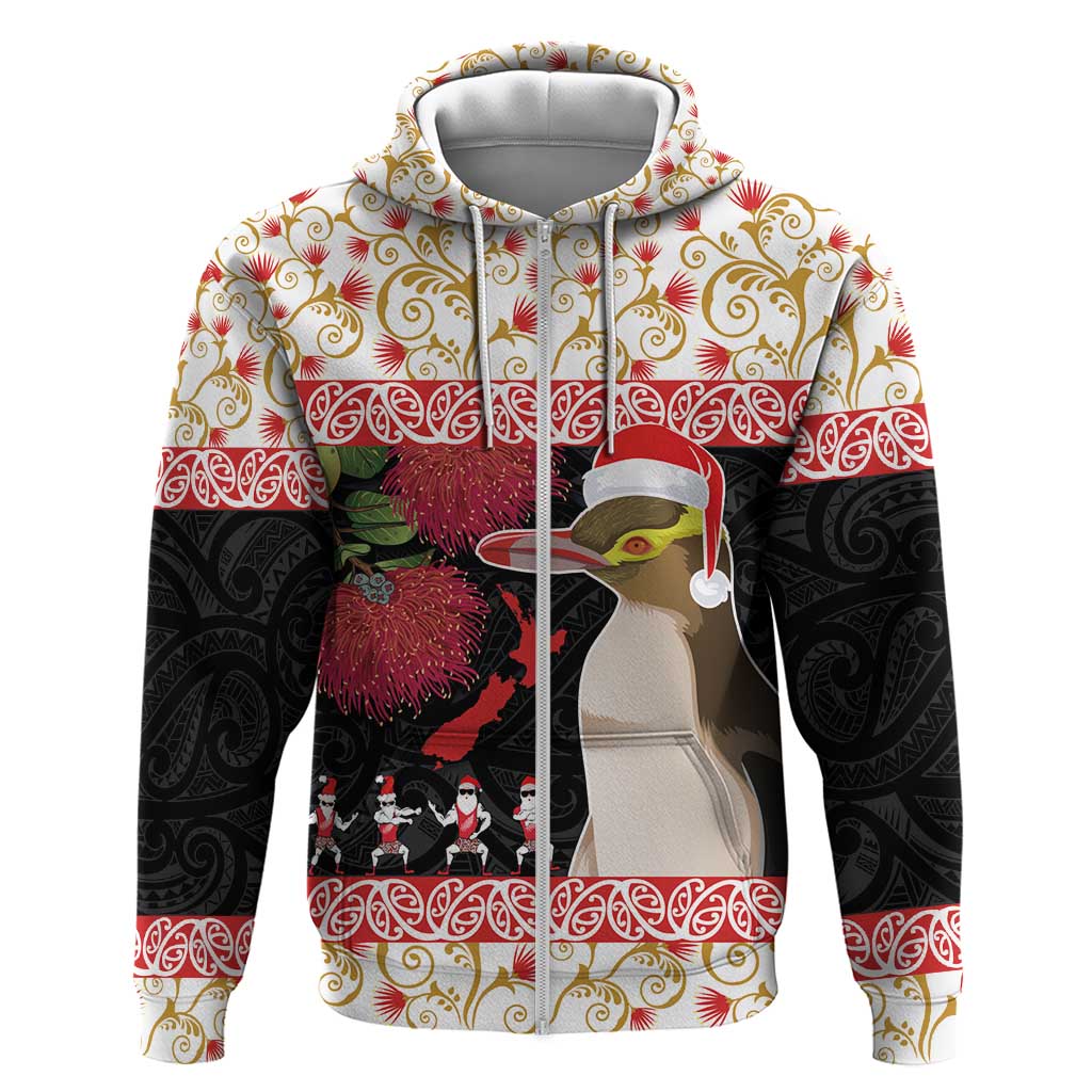 New Zealand Merry Christmas Hoodie Hoiho Xmas - Haka Dance and Pohutukawa LT03 Zip Hoodie White - Polynesian Pride