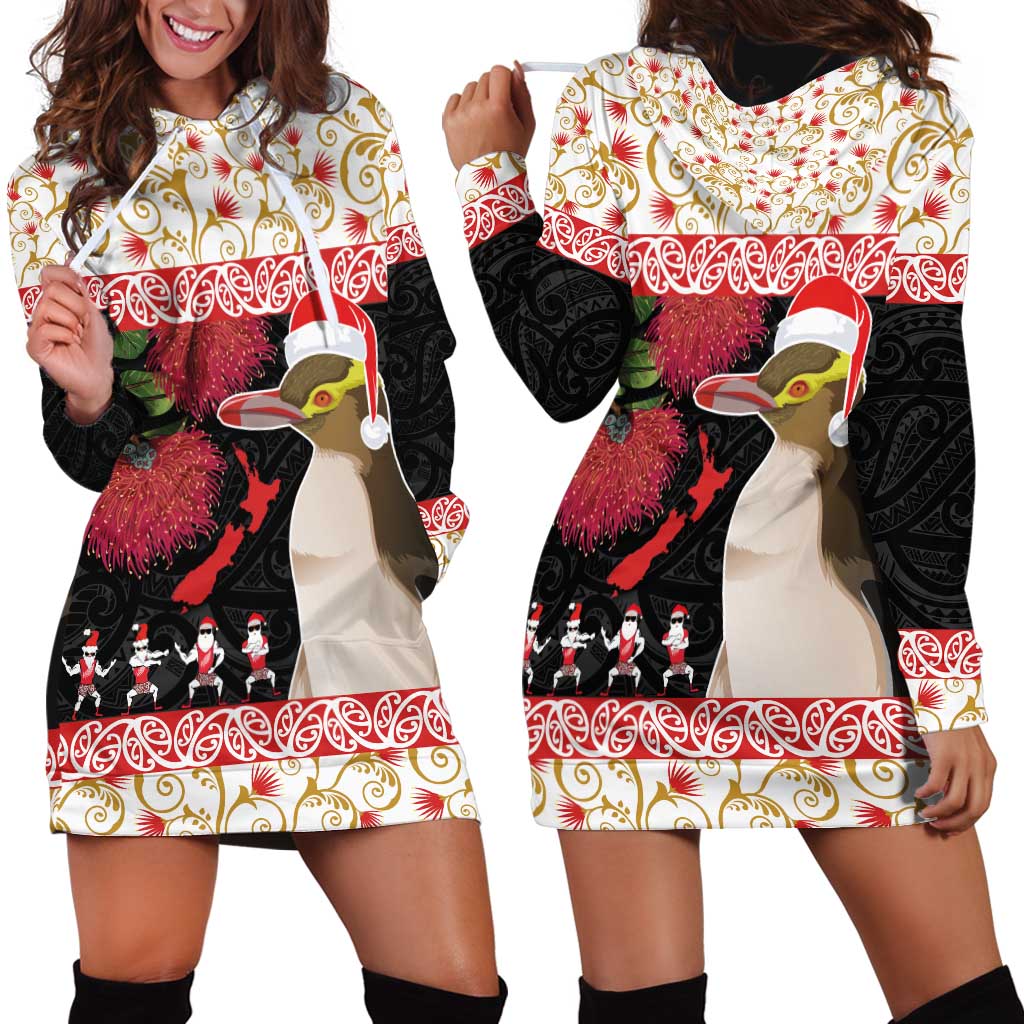 New Zealand Merry Christmas Hoodie Dress Hoiho Xmas - Haka Dance and Pohutukawa LT03 - Polynesian Pride