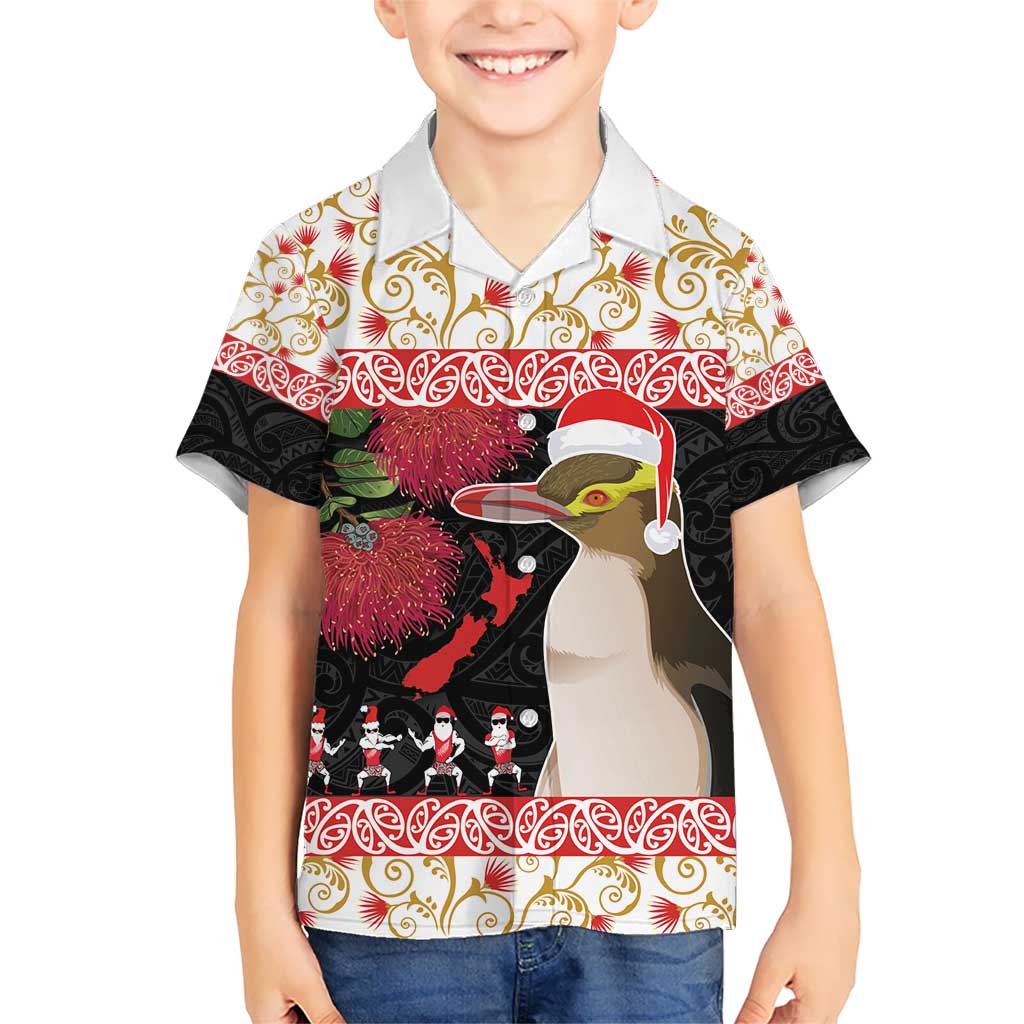 New Zealand Merry Christmas Kid Hawaiian Shirt Hoiho Xmas - Haka Dance and Pohutukawa LT03 Kid White - Polynesian Pride