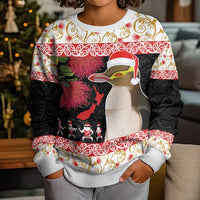 New Zealand Merry Christmas Kid Ugly Christmas Sweater Hoiho Xmas - Haka Dance and Pohutukawa LT03 - Polynesian Pride