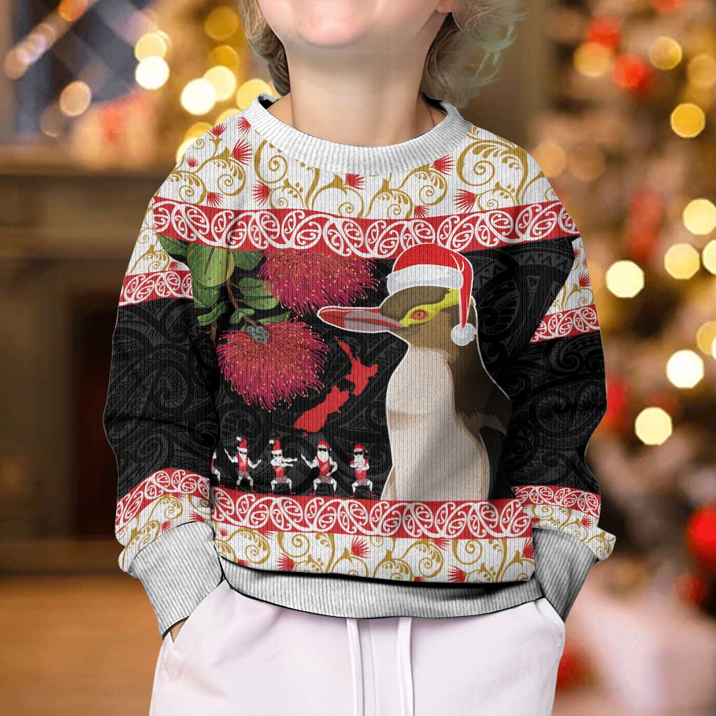 New Zealand Merry Christmas Kid Ugly Christmas Sweater Hoiho Xmas - Haka Dance and Pohutukawa LT03 - Polynesian Pride