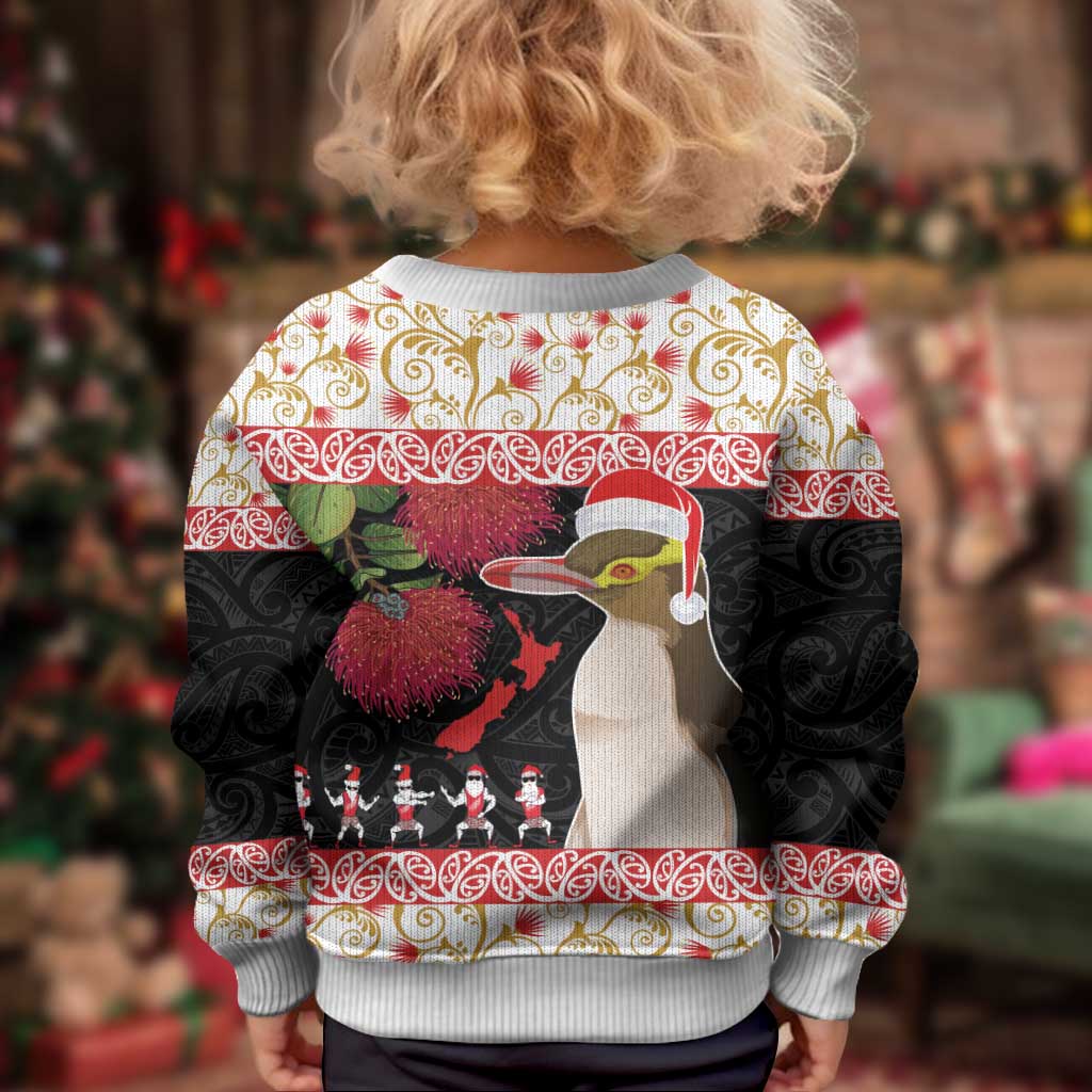 New Zealand Merry Christmas Kid Ugly Christmas Sweater Hoiho Xmas - Haka Dance and Pohutukawa LT03 - Polynesian Pride