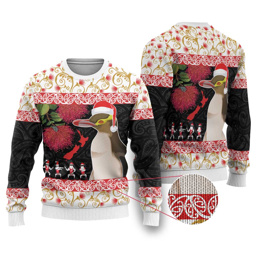 New Zealand Merry Christmas Ugly Christmas Sweater Hoiho Xmas - Haka Dance and Pohutukawa LT03 White - Polynesian Pride
