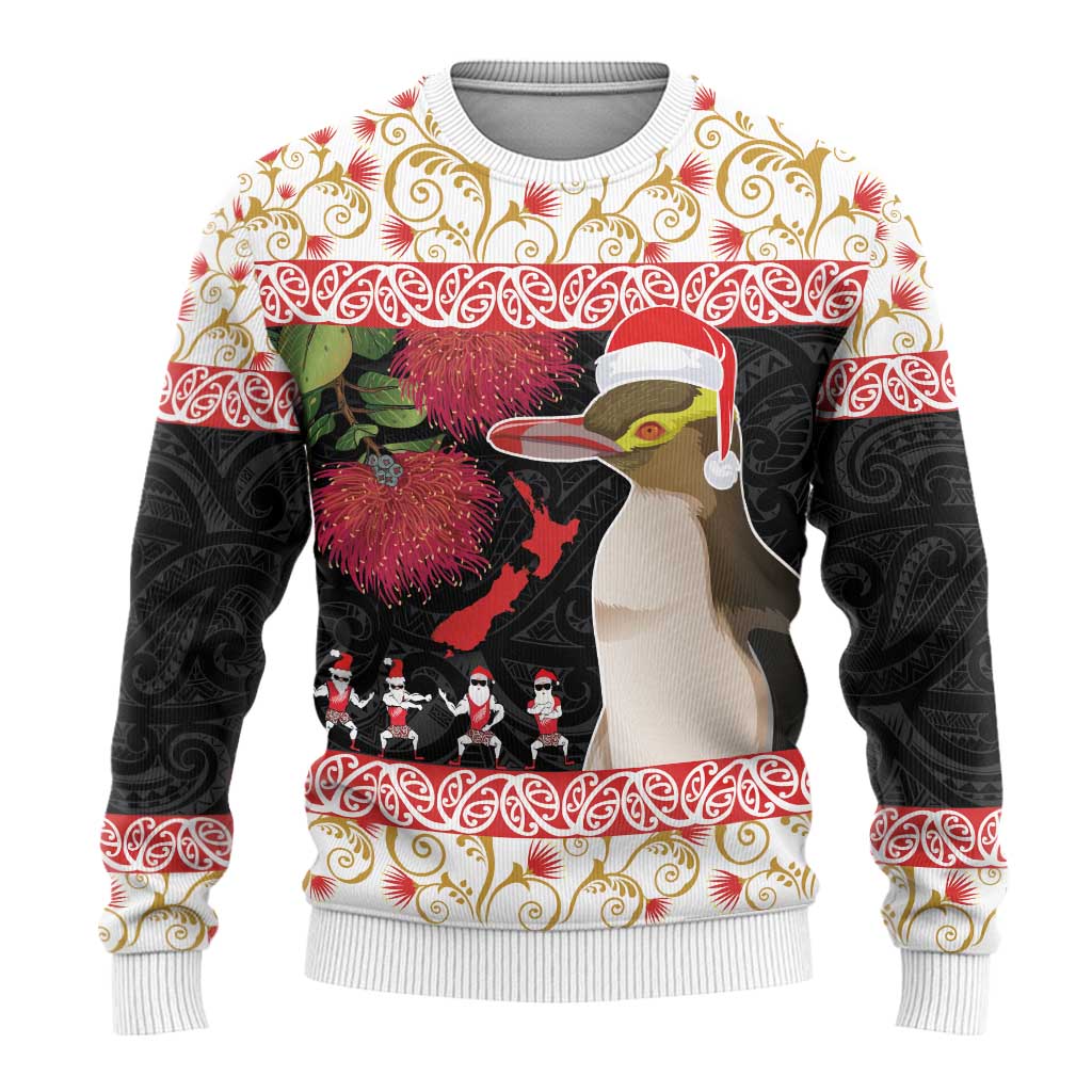 New Zealand Merry Christmas Ugly Christmas Sweater Hoiho Xmas - Haka Dance and Pohutukawa LT03 - Polynesian Pride