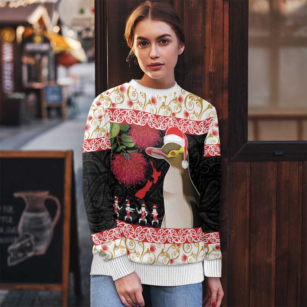 New Zealand Merry Christmas Ugly Christmas Sweater Hoiho Xmas - Haka Dance and Pohutukawa LT03 - Polynesian Pride