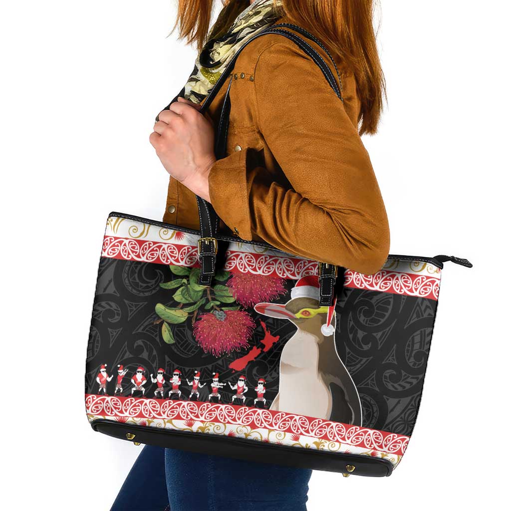 New Zealand Merry Christmas Leather Tote Bag Hoiho Xmas - Haka Dance and Pohutukawa LT03 White - Polynesian Pride