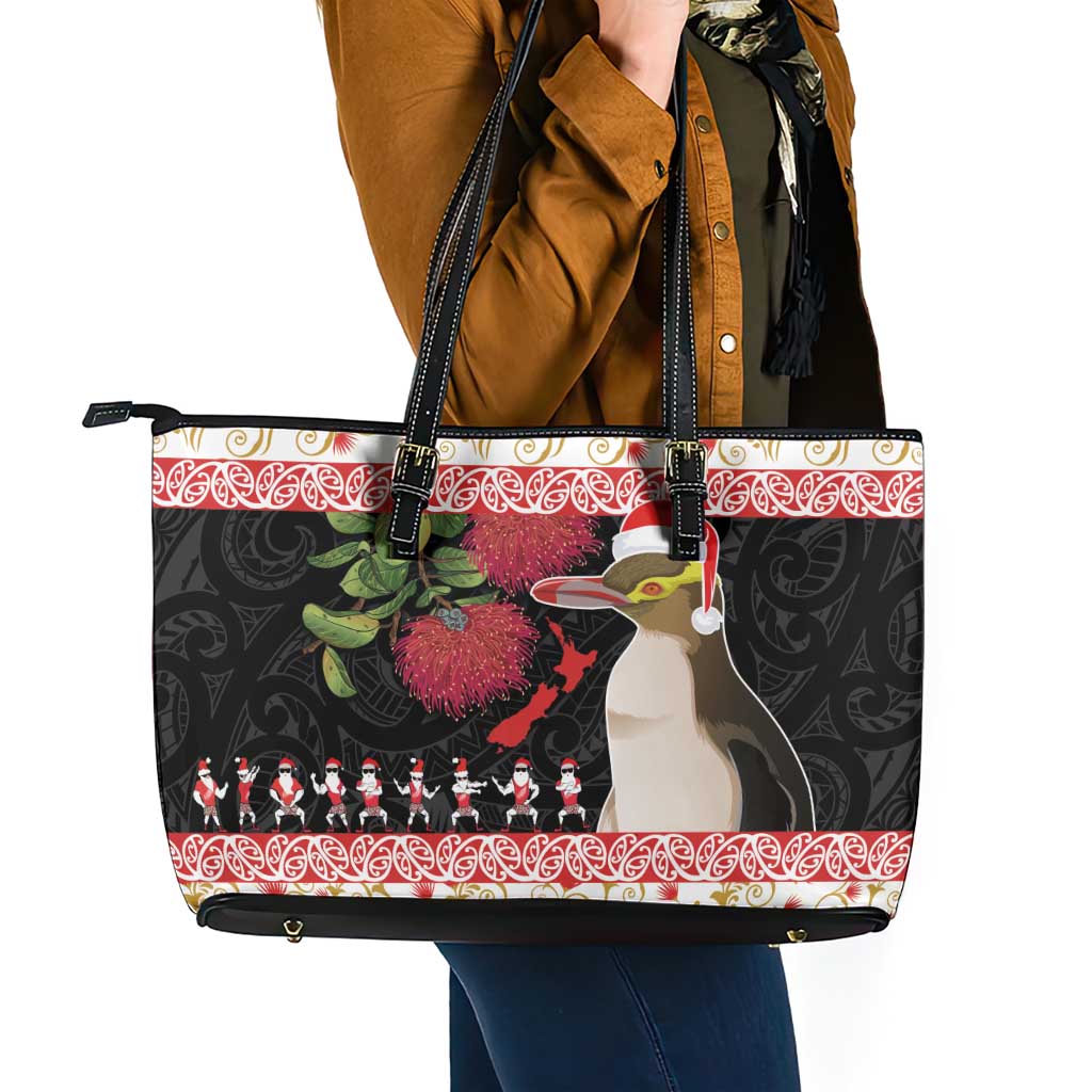 New Zealand Merry Christmas Leather Tote Bag Hoiho Xmas - Haka Dance and Pohutukawa LT03 - Polynesian Pride